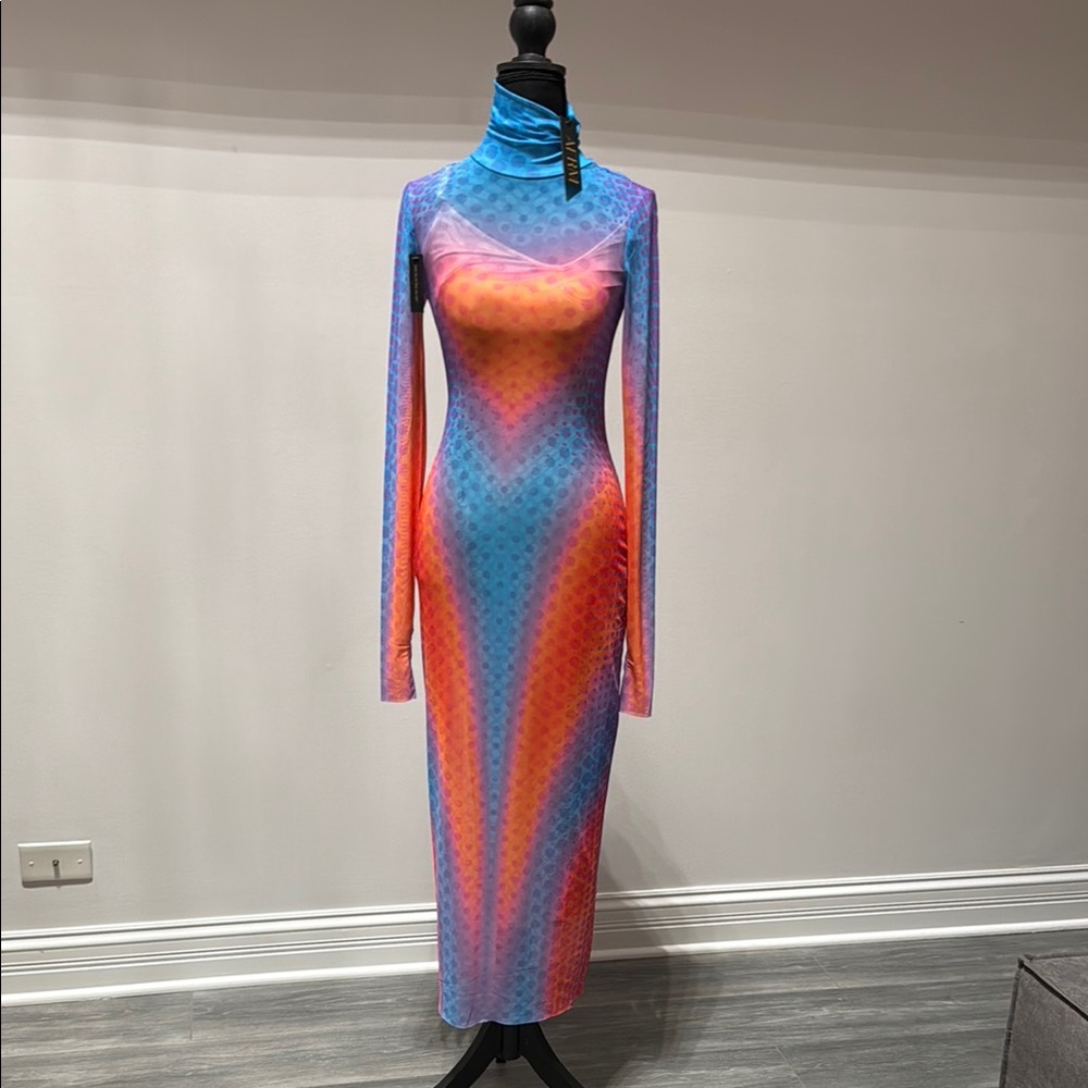 AFRM Vibrant Blue and Orange Long Sleeve Dress